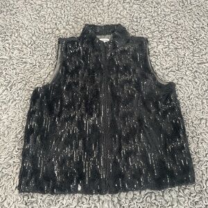 Joan Rivers Black Sequin Faux Fur Zip Vest Size Medium